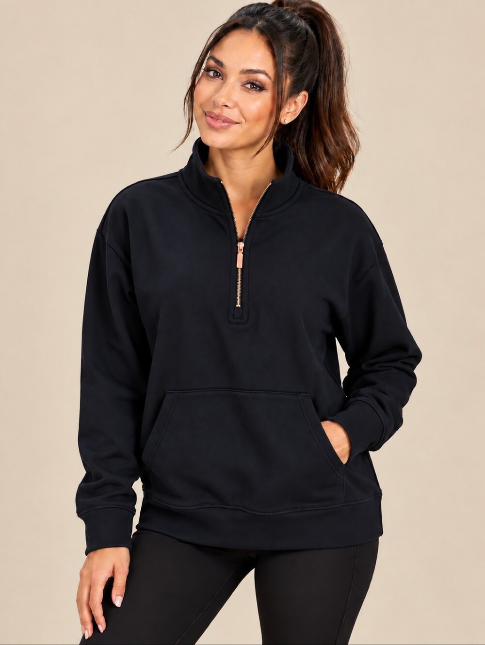 New Womens Skechers GO WALK Black Luxe Ribbed 1/4 Rose Gold Zip Pullover Jacket